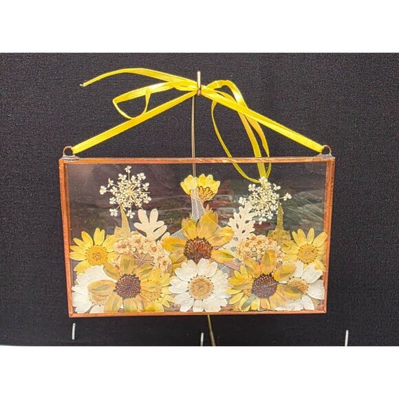 Vintage Double Glass Framed Pressed Flowers with Yellow Ribbon - Picture 2 of 6